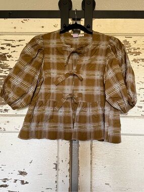 Plaid Bow Tie-Front Peasant Top in olive green plaid never worn